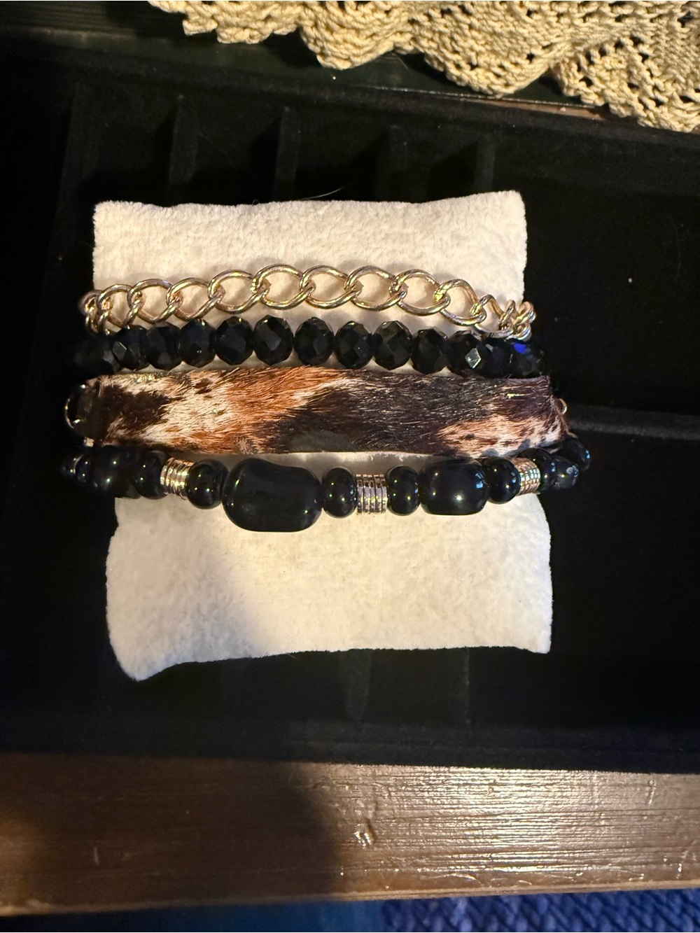 Boho Stacked Black Bead and Chain Bracelet Set with Cowhide Accent